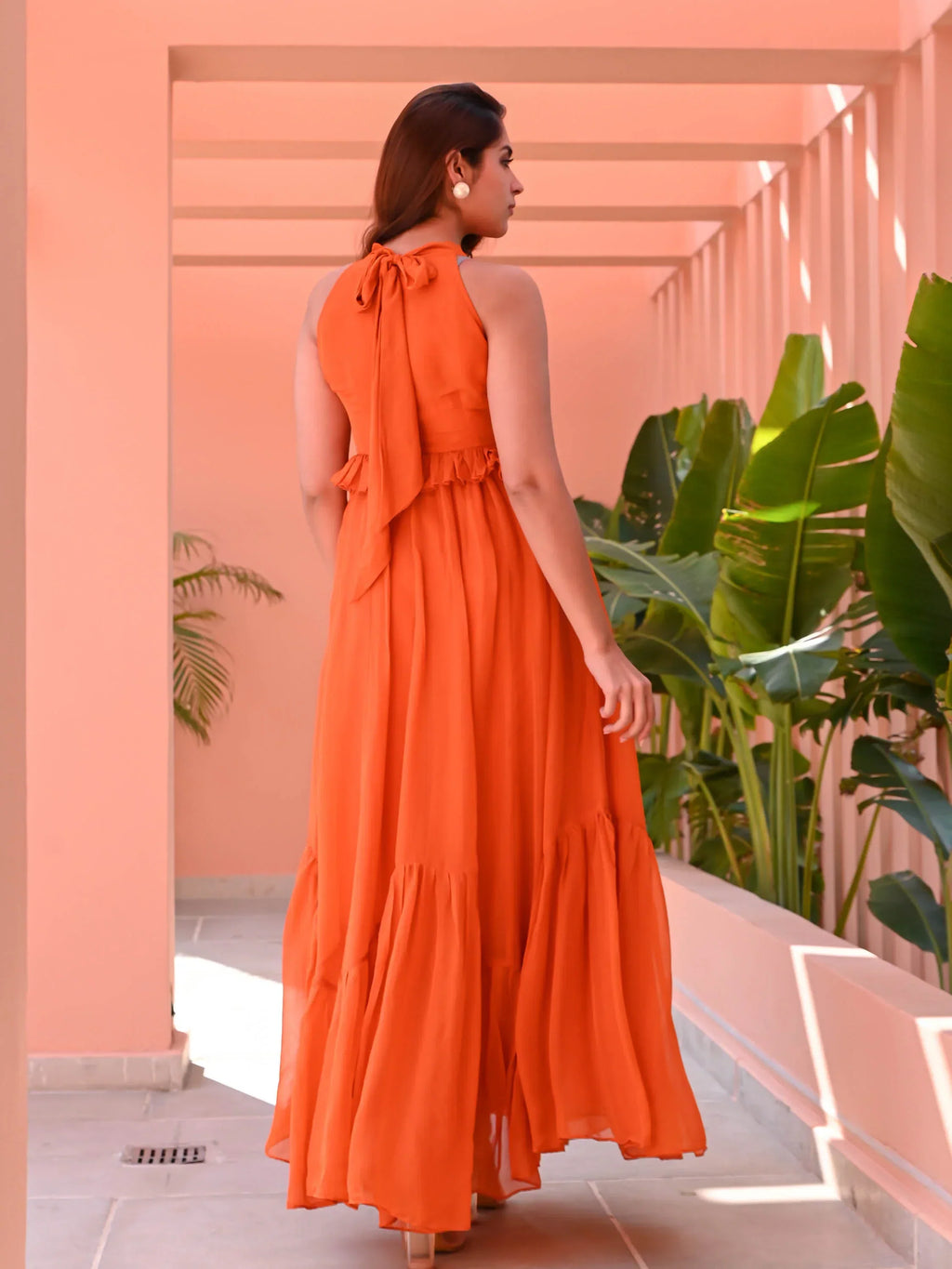 Zehvara | Tangerine Organza Tiered Dress