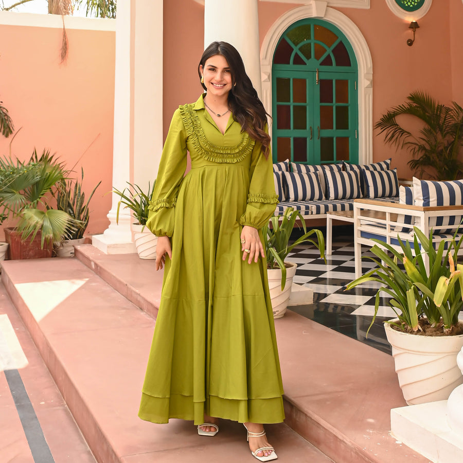 Madaan FC-063 | Dhani Green Swiss Maxi Dress