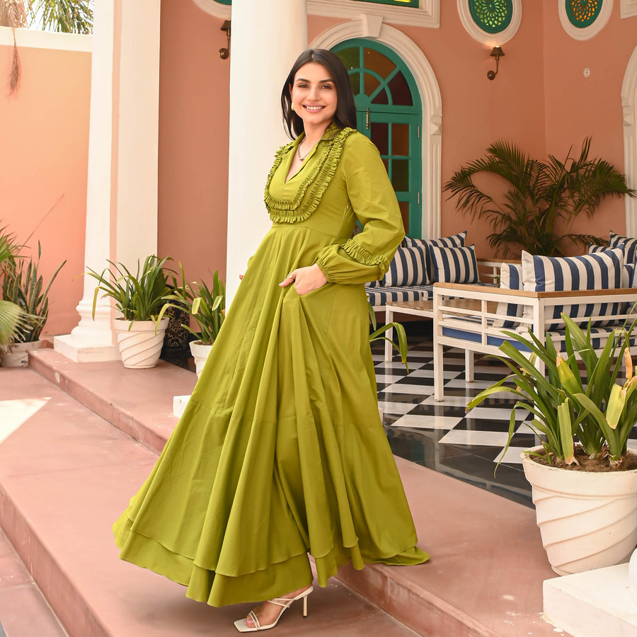 Madaan FC-063 | Dhani Green Swiss Maxi Dress