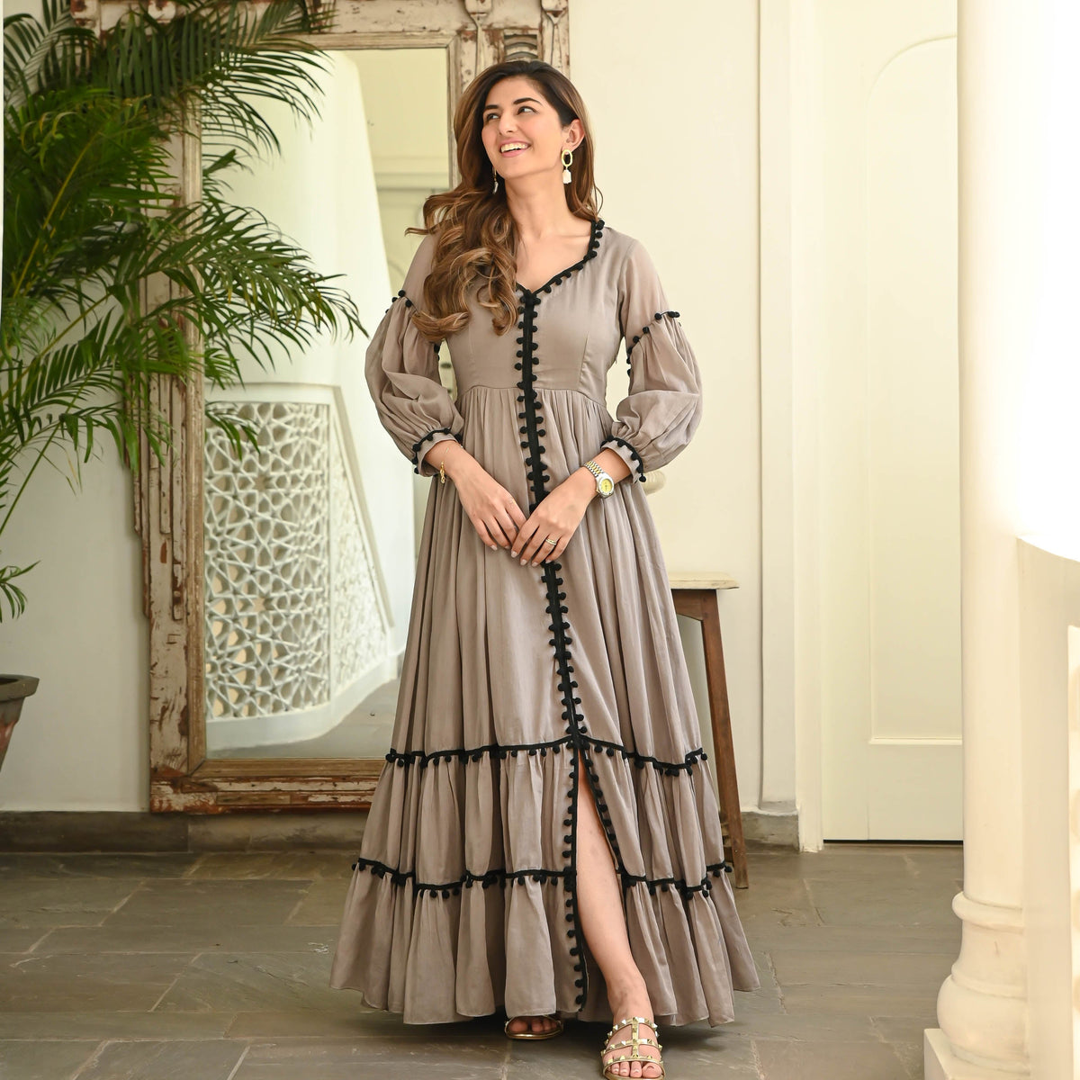 Zehvara | Grey Black Pompom Cotton Dress - FC - 080