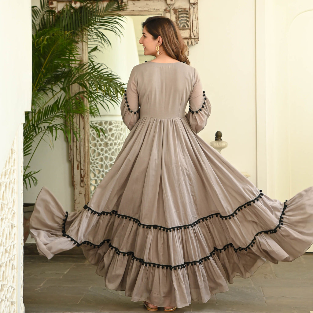 Zehvara | Grey Black Pompom Cotton Dress - FC - 080