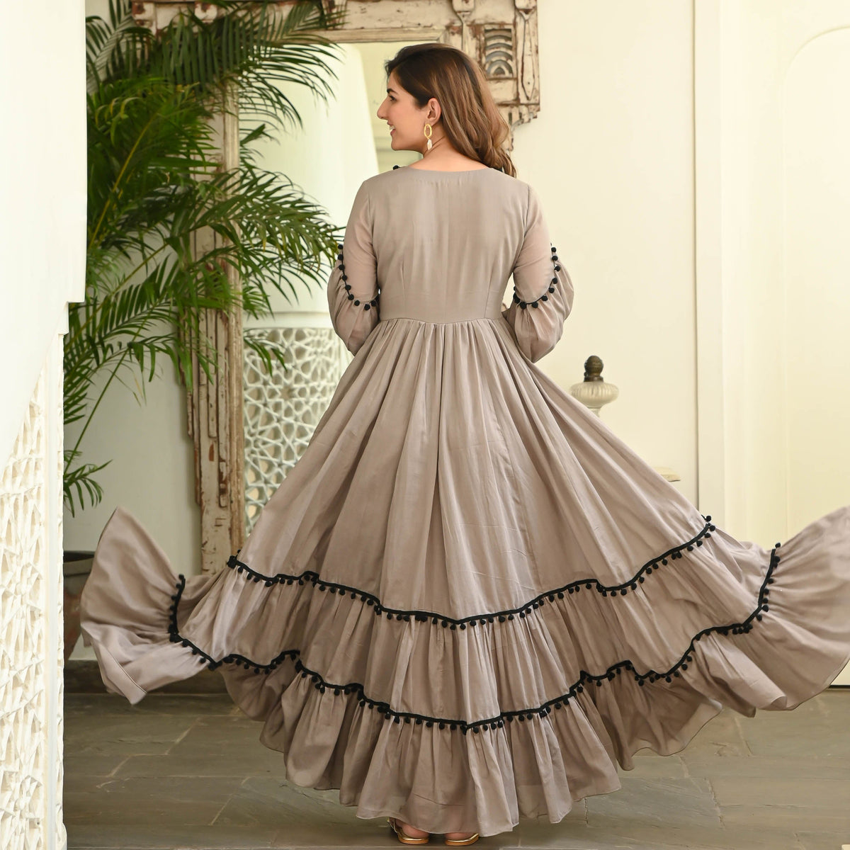 Zehvara | Grey Black Pompom Cotton Dress - FC - 080