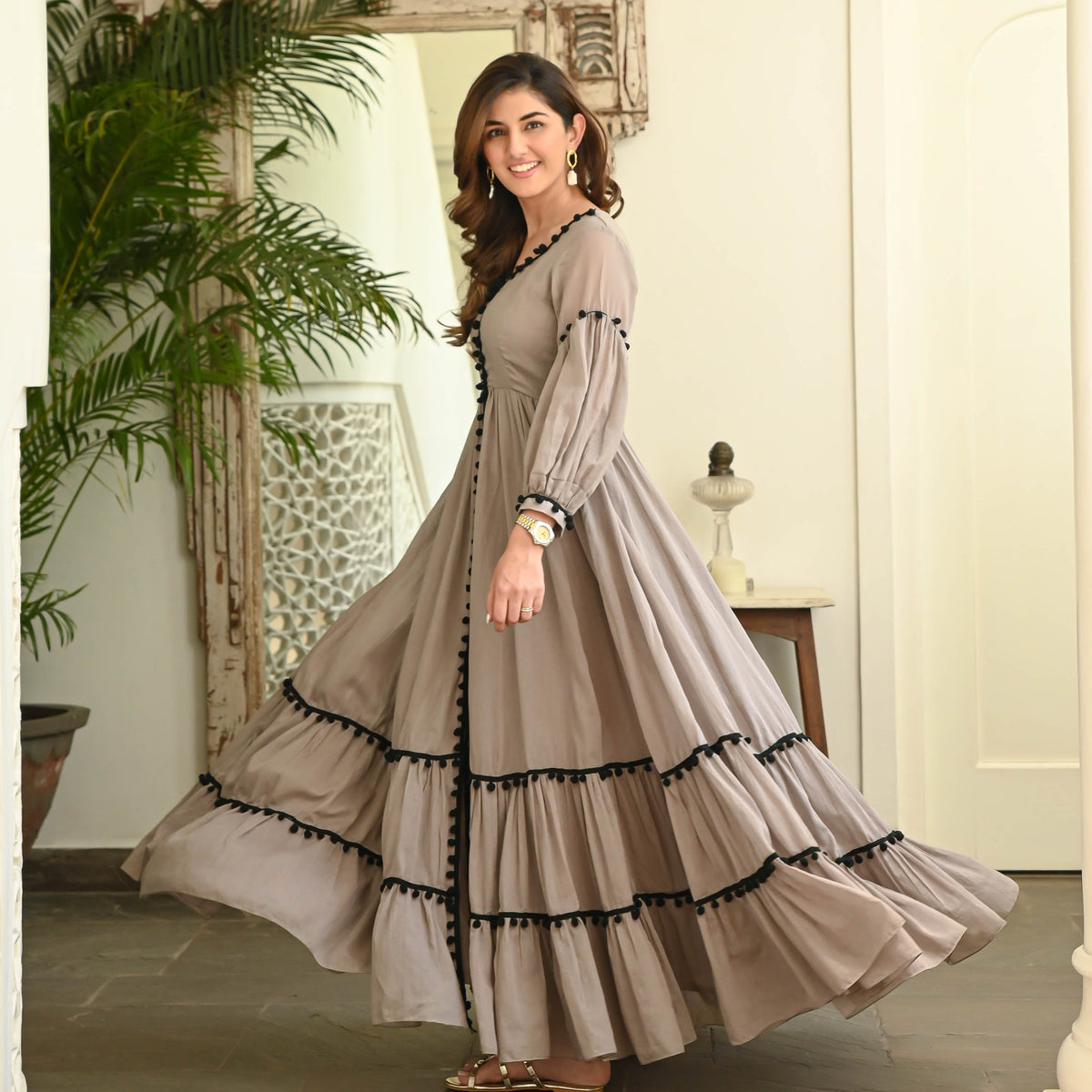 Zehvara | Grey Black Pompom Cotton Dress - FC - 080