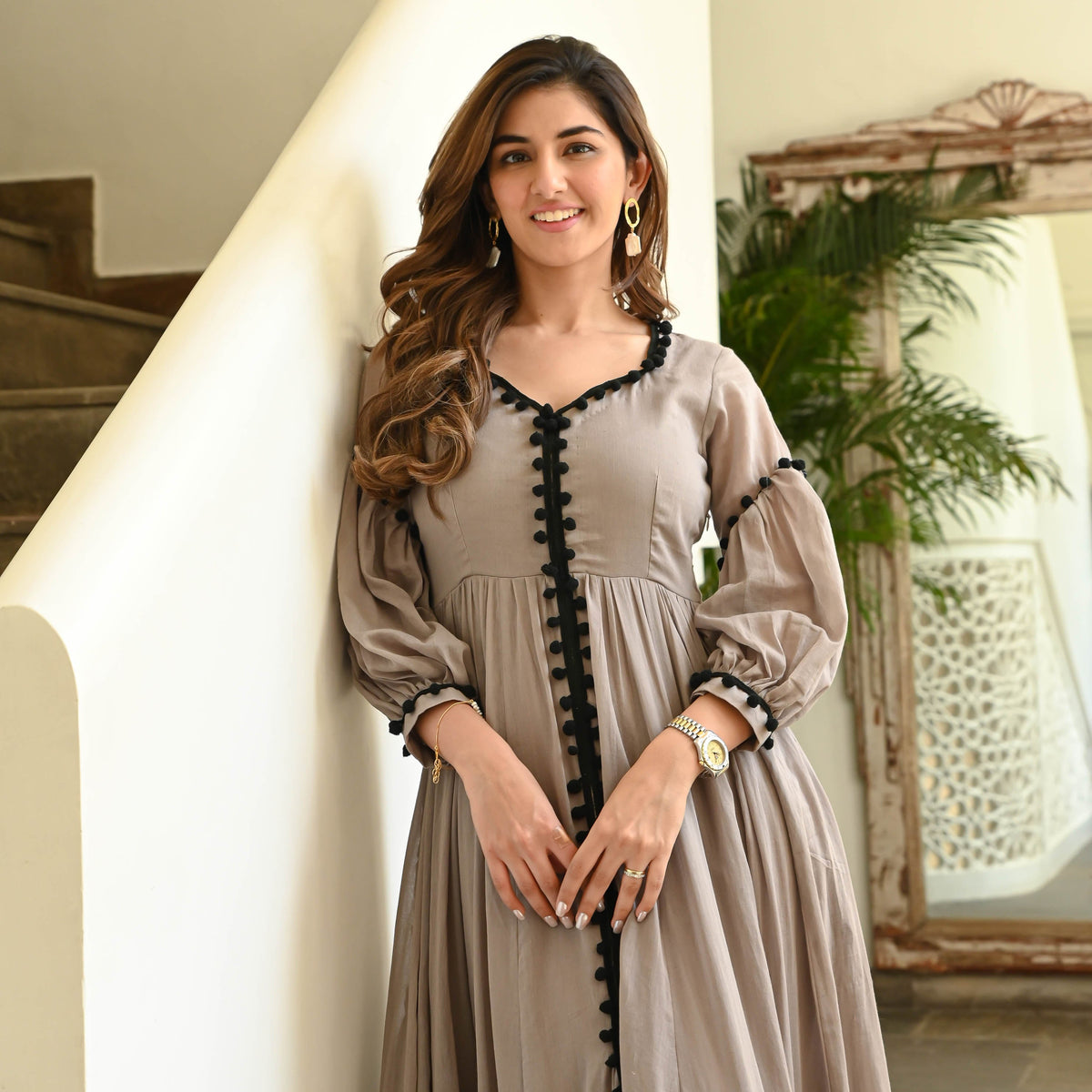 Zehvara | Grey Black Pompom Cotton Dress - FC - 080